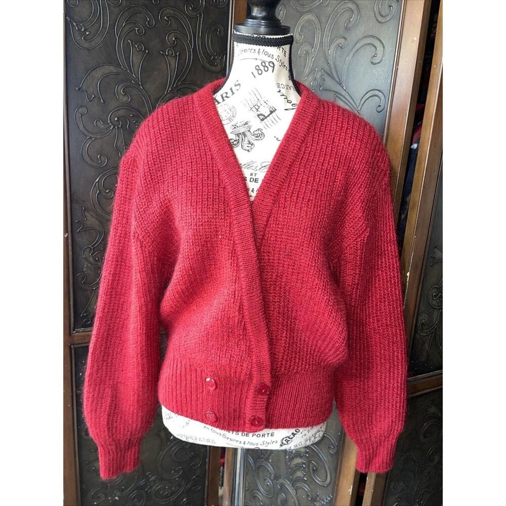St Michael Red Mohair Blend Knit Cardigan‎ Sweater Women's Size 16 /18